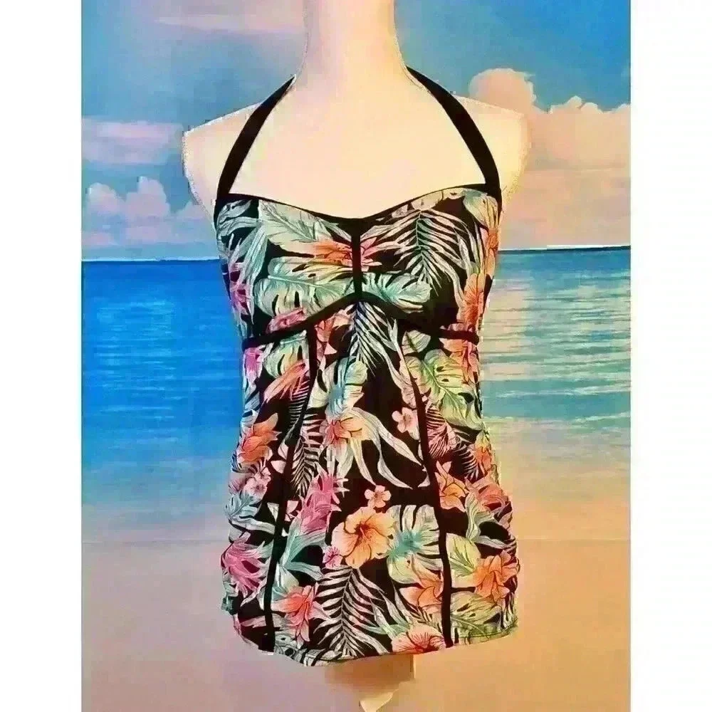 BEACH BUMP Floral MATERNITY Swim TANKINI TOP Bathing Suit HALTER Tie size Lg